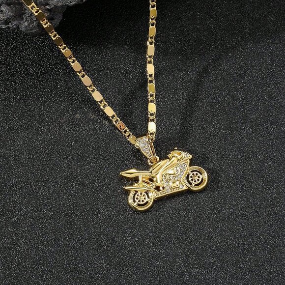 Gold and CZ Diamante Motorcycle Men’s Fashion Necklace NWOT - Picture 3 of 9